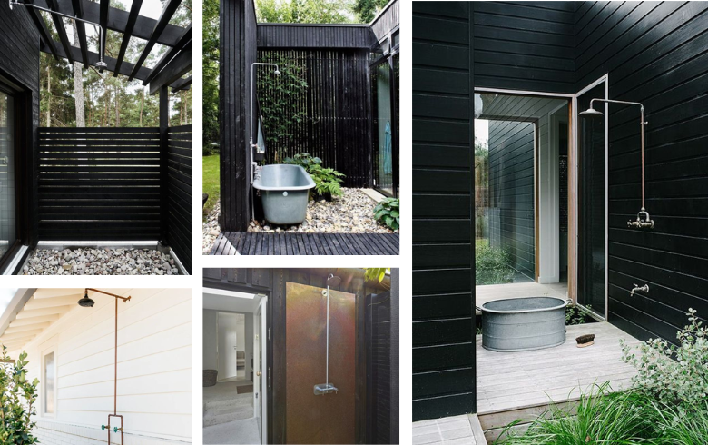 outdoor showers and baths with black wooden walls