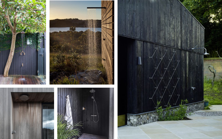 outdoor showers with wooden walls