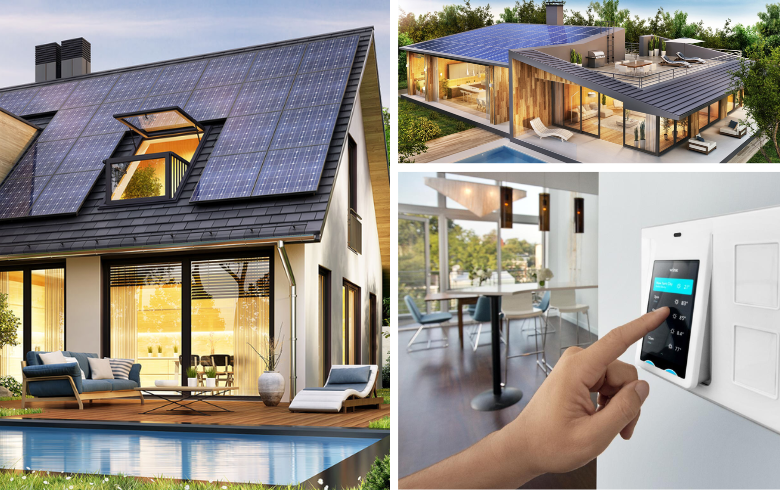 panneaux solaires sur toit de maison avec panneaux de contrôle