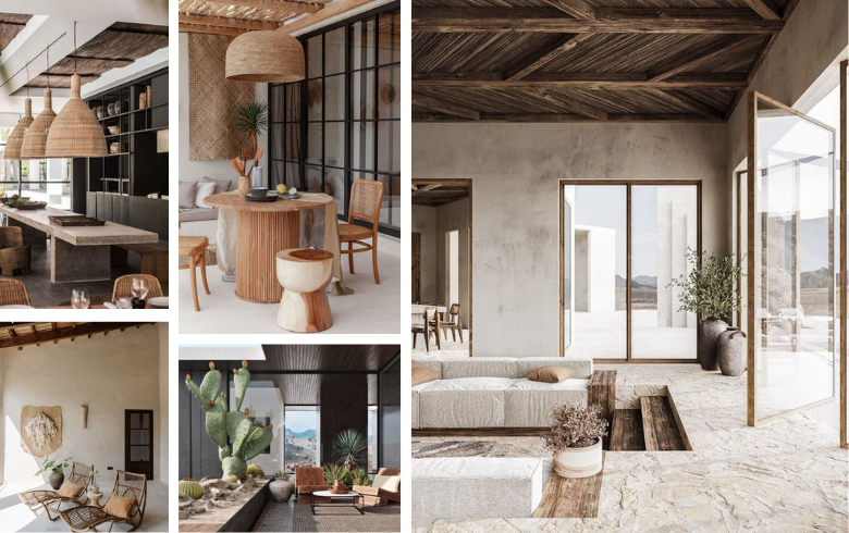 salons et terrasses de design style désertique avec meubles beiges en bois