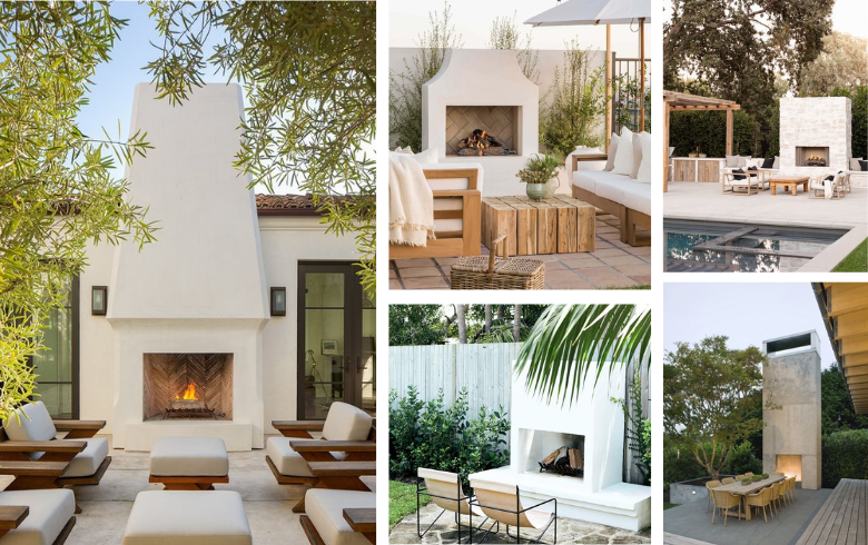 white fireplaces in back garden with comfy chairs