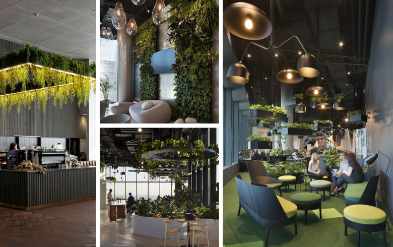 office trend of biophilic design on the ceiling and on walls in lounge area