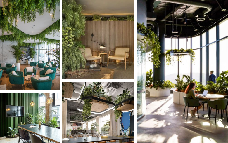 cafétéria de bureau avec plantes au plafond et sur murs