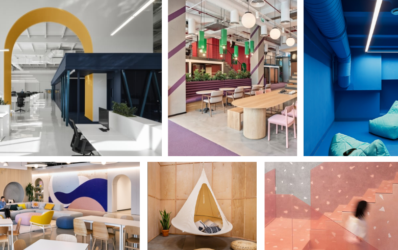 Corporate interior design with colorful well-being at work areas