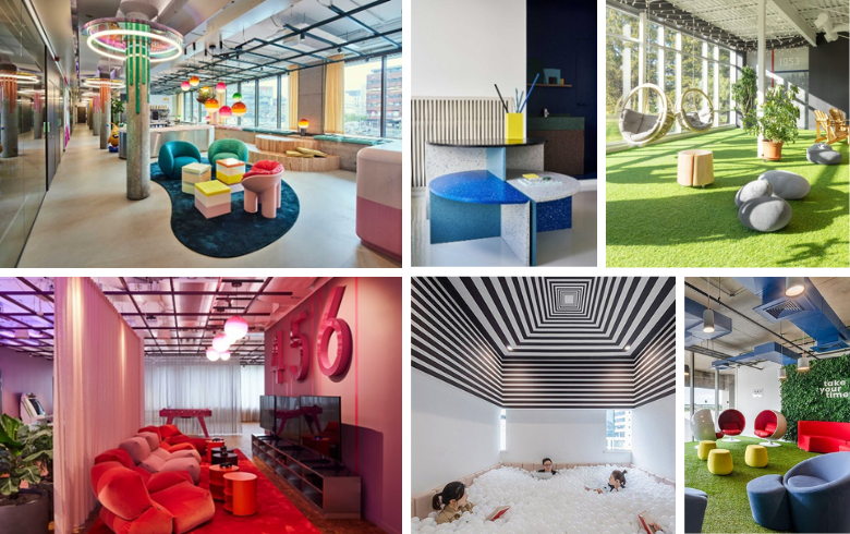 office trends with rest area, colorful and comfortable seats, hanging chairs and ball pool for adults