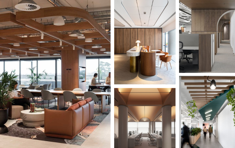 office trend with lounge space, cafeteria and ceiling in natural colors