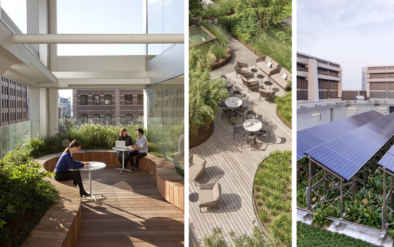 offices with rooftop relaxation areas and solar panels