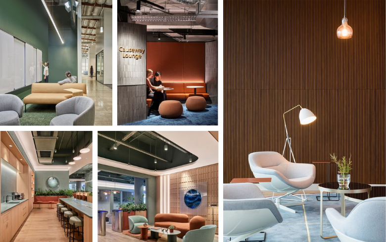 tendance bureau avec espace lounge, cafétéria et espace de réunion aux couleurs naturelles