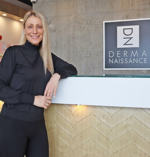 photo of Mélanie Carrier, founder of Dermanaissance, in front of the reception
