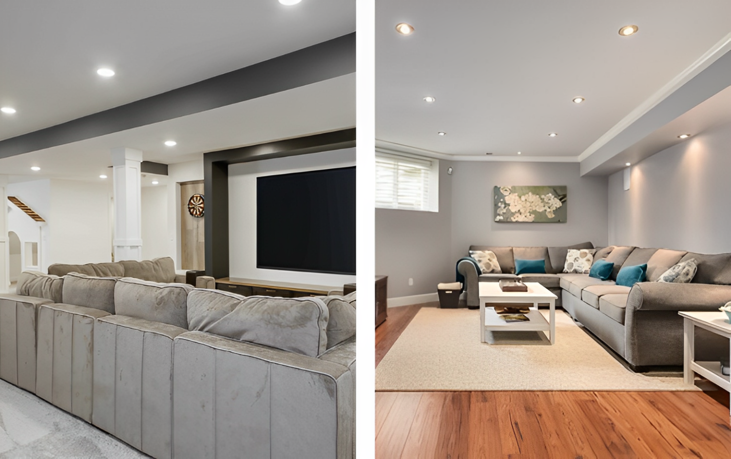 ambient basement lighting with grey couches and white walls