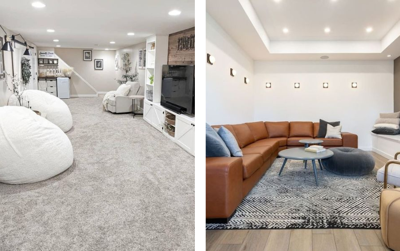 basement recessed lighting with brown couch and grey carpets