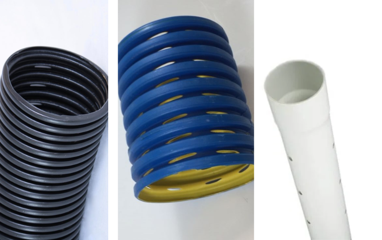 three types of drainage hose: black, blue and white