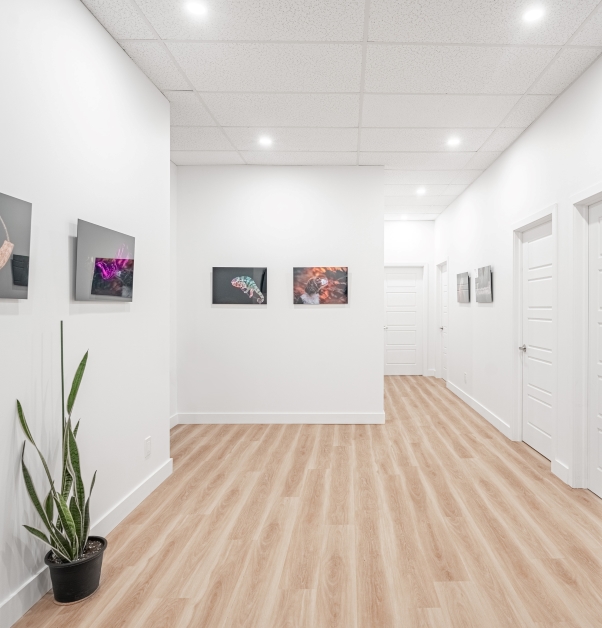 Hallway with white wall and ceiling, recessed lights, black filing cabinet and fully renovated and decorated office spaces