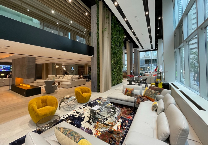 Large colourful furniture shop with very high black and silver ceiling, recessed lighting, large windows to the right, mezzanine to the left with a glass balustrade, central column of wooden screen wall juxtaposed with a plant wall.