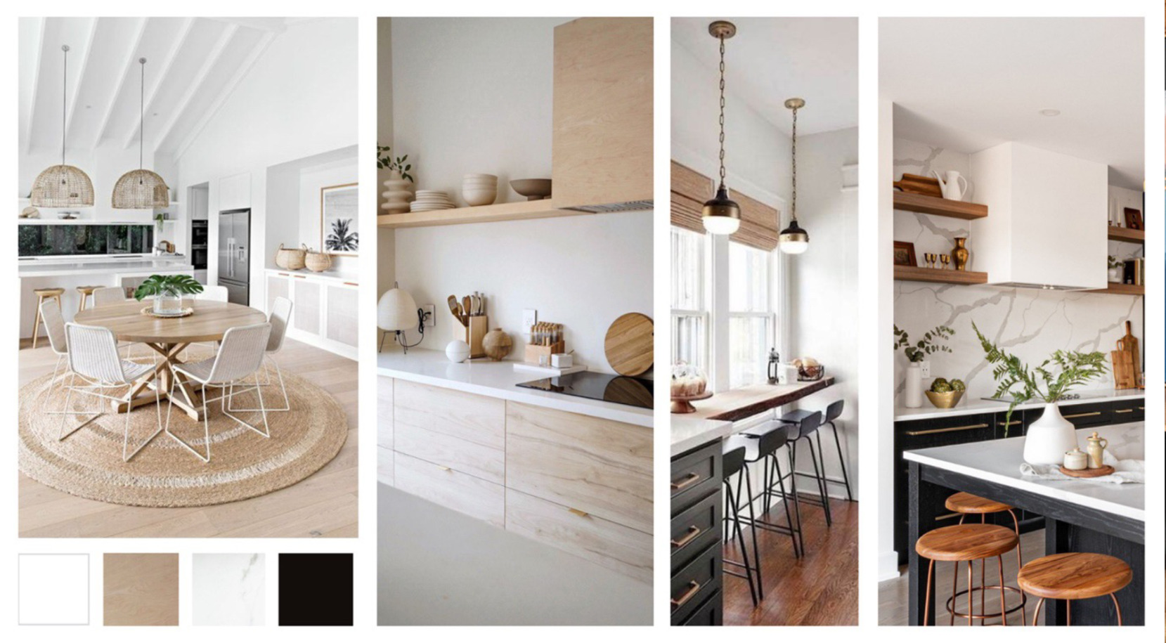 Un collage présentant une cuisine scandinave et une cuisine contemporaine conçues à partir de la même palette de couleurs neutres.