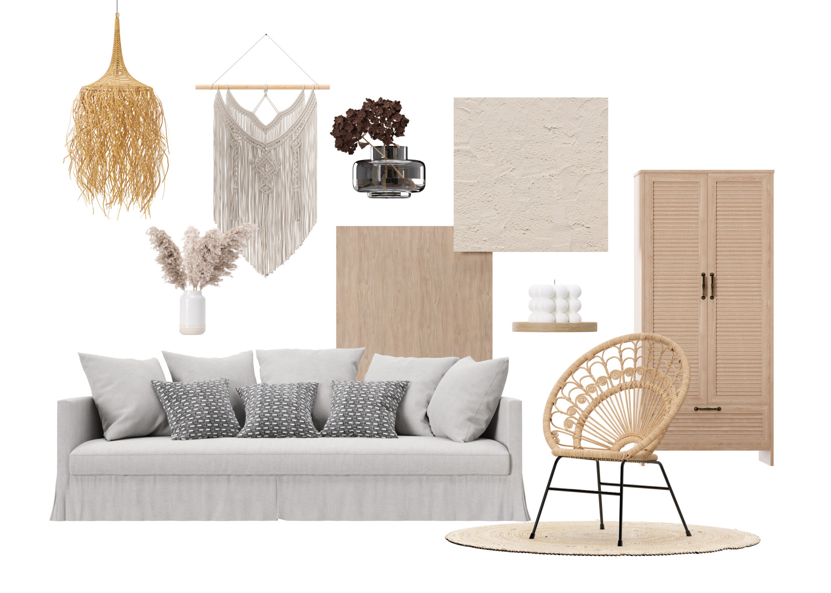 A modern organic moodboard featuring cool neutrals and warm wood tones
