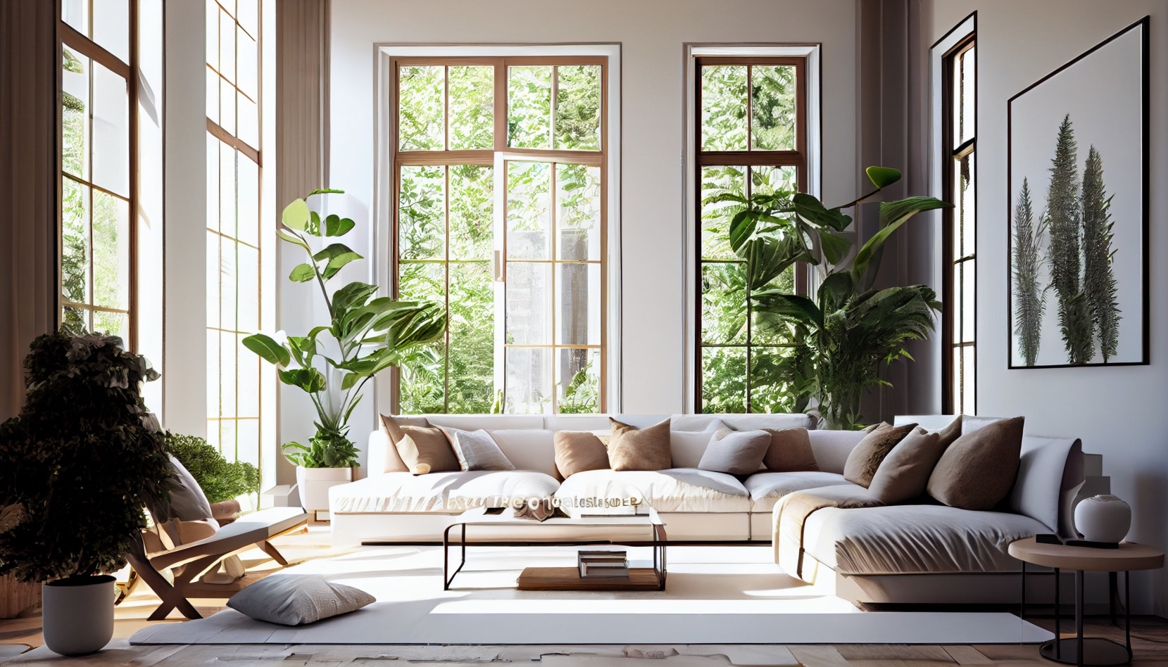 Un salon contemporain lumineux avec des grandes fenêtres, des canapés crème, et des grandes plantes.