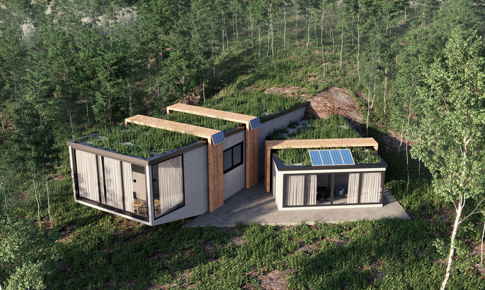 Maison moderne avec panneaux solaires et toit vert