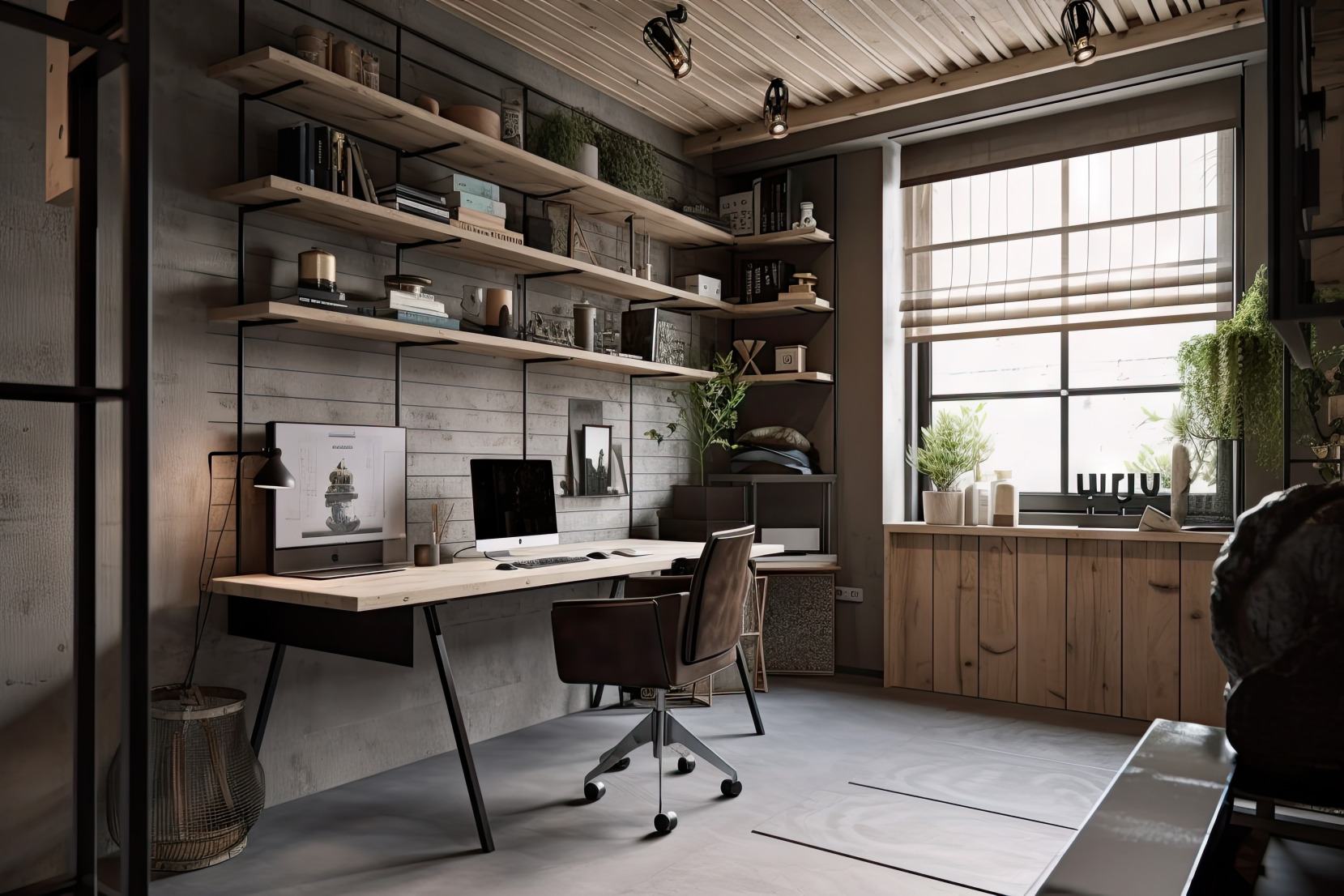 Ancien garage transformé en bureau à domicile élégant et fonctionnel avec un mobilier épuré et une décoration moderne