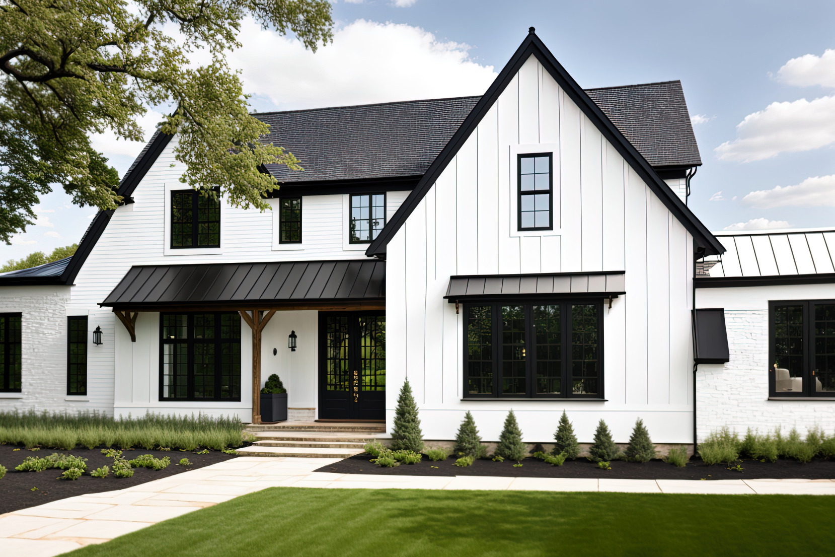 Brand-new contemporary white farmhouse with dark shingled roof and black windows 