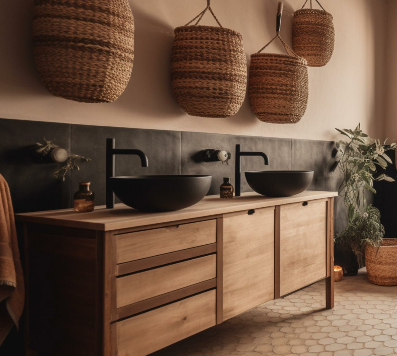 Chic modern rustic bathroom with black terracotta tiles and aged wooden vanity