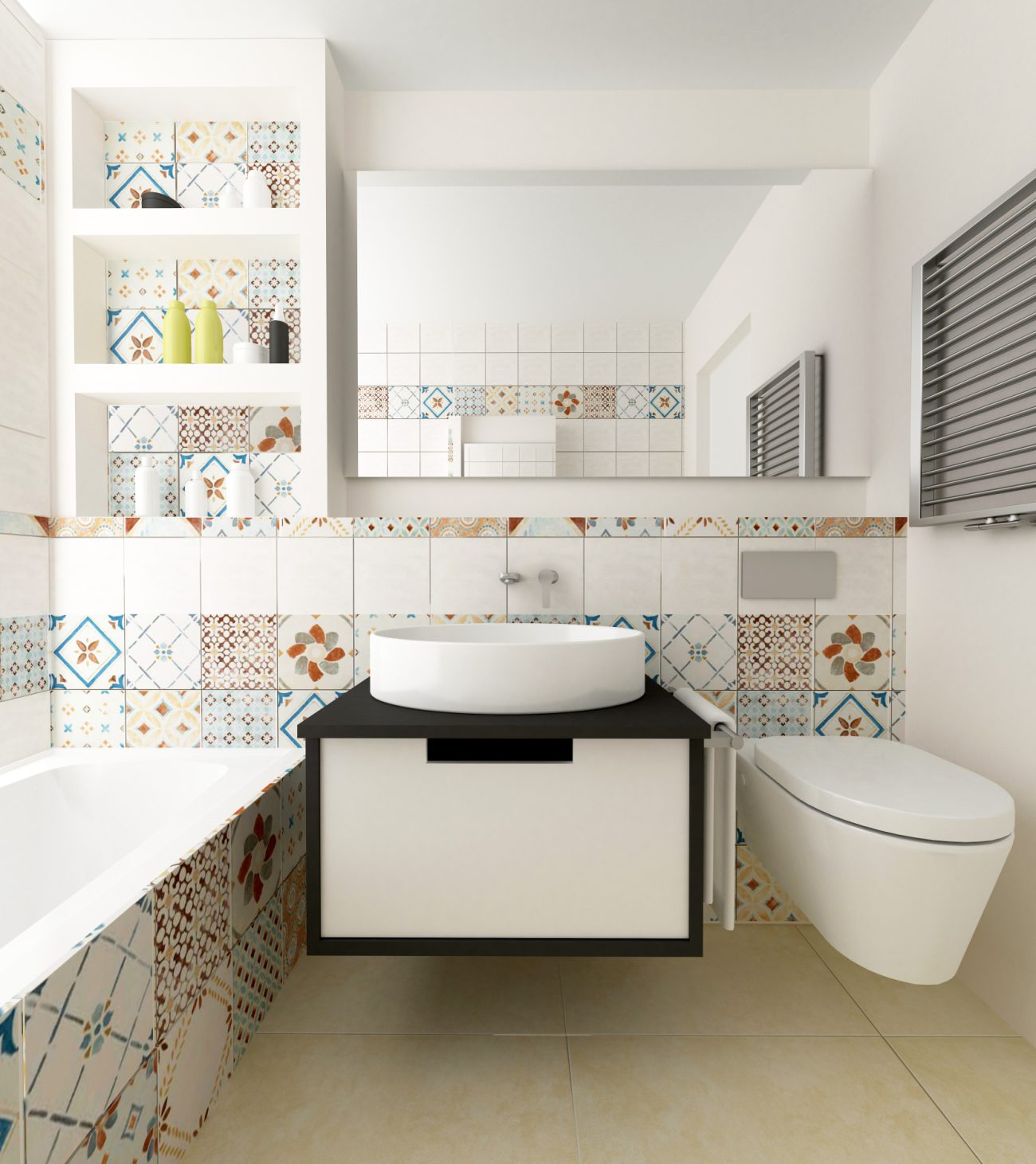 Colorful bathroom design with spanish peel-and-stick tiles, wall-mounted vanity and white vessel sink