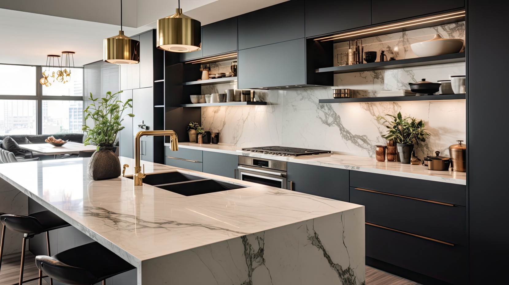 Une cuisine contemporaine et chic avec des armoires noires et blanches, des luminaires dorés et des carreaux de marbre