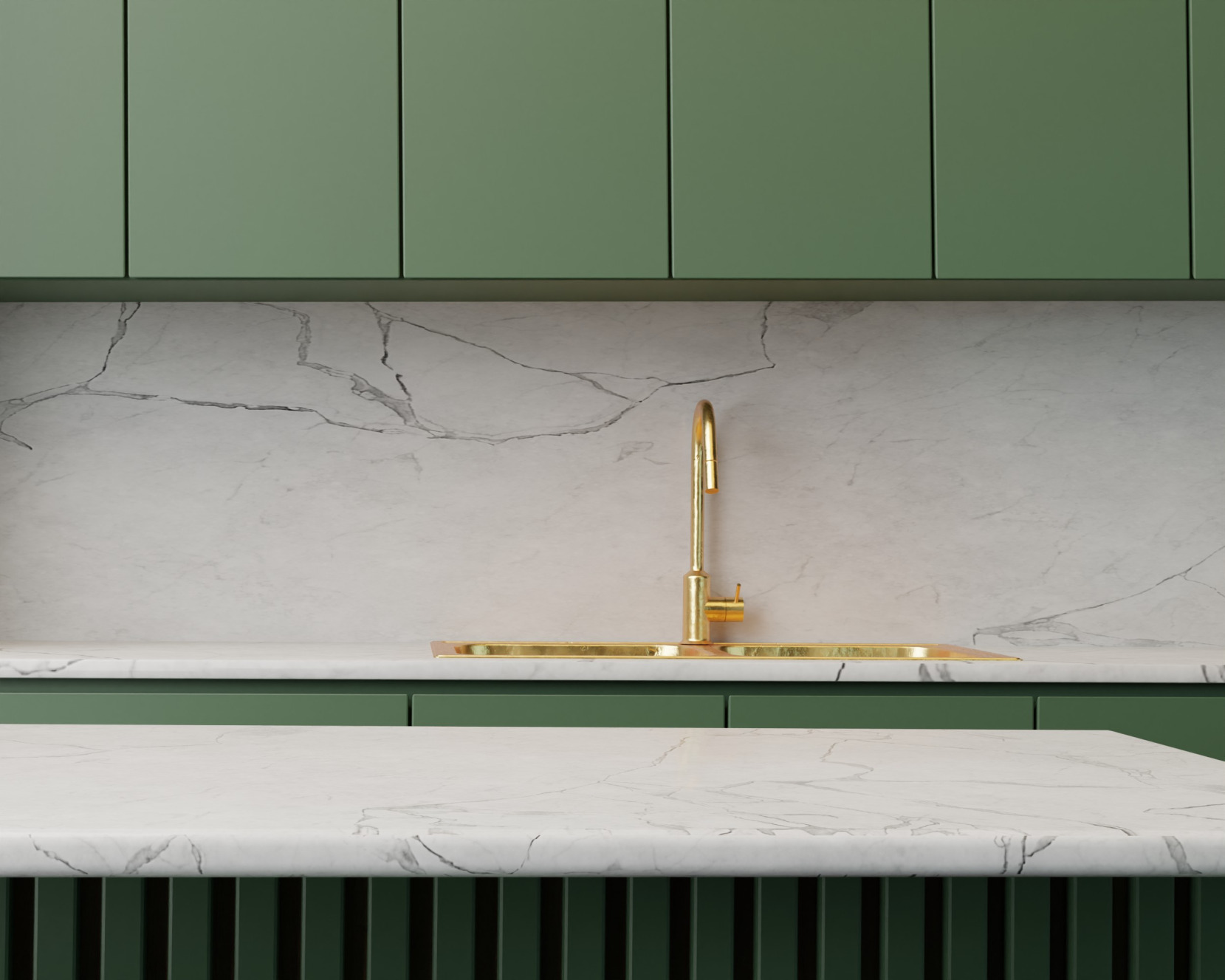 White marble kitchen countertop with double gold sink