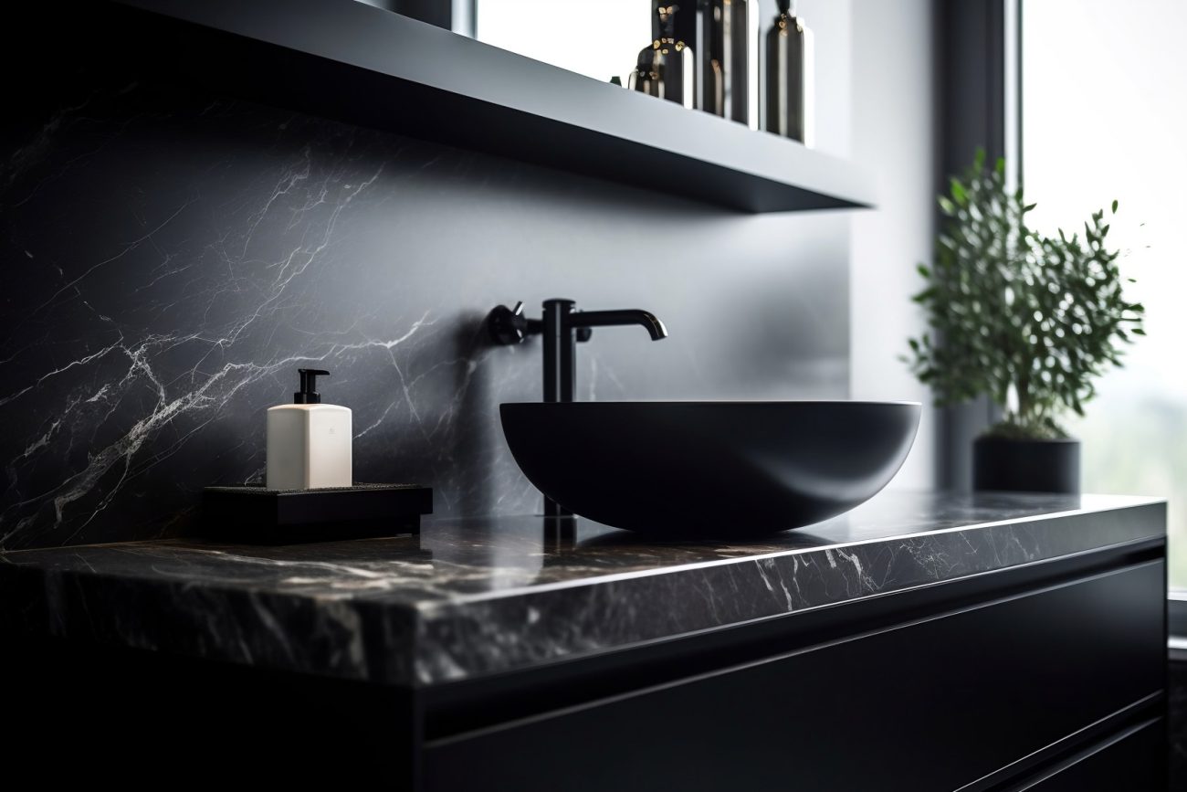 Extended black marble countertop and black vessel sink