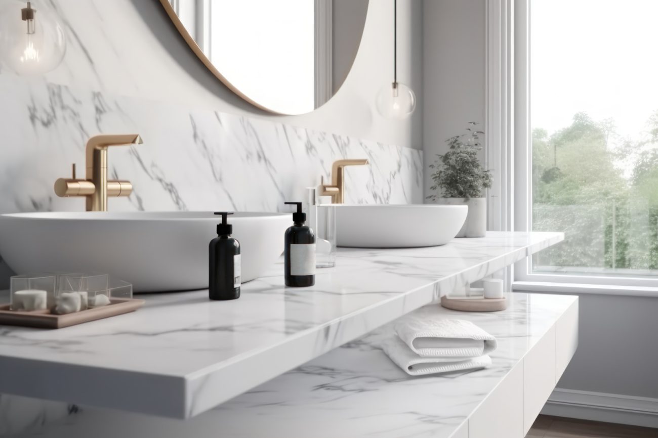 Extended white marble countertop with white vessel sinks and gold faucets