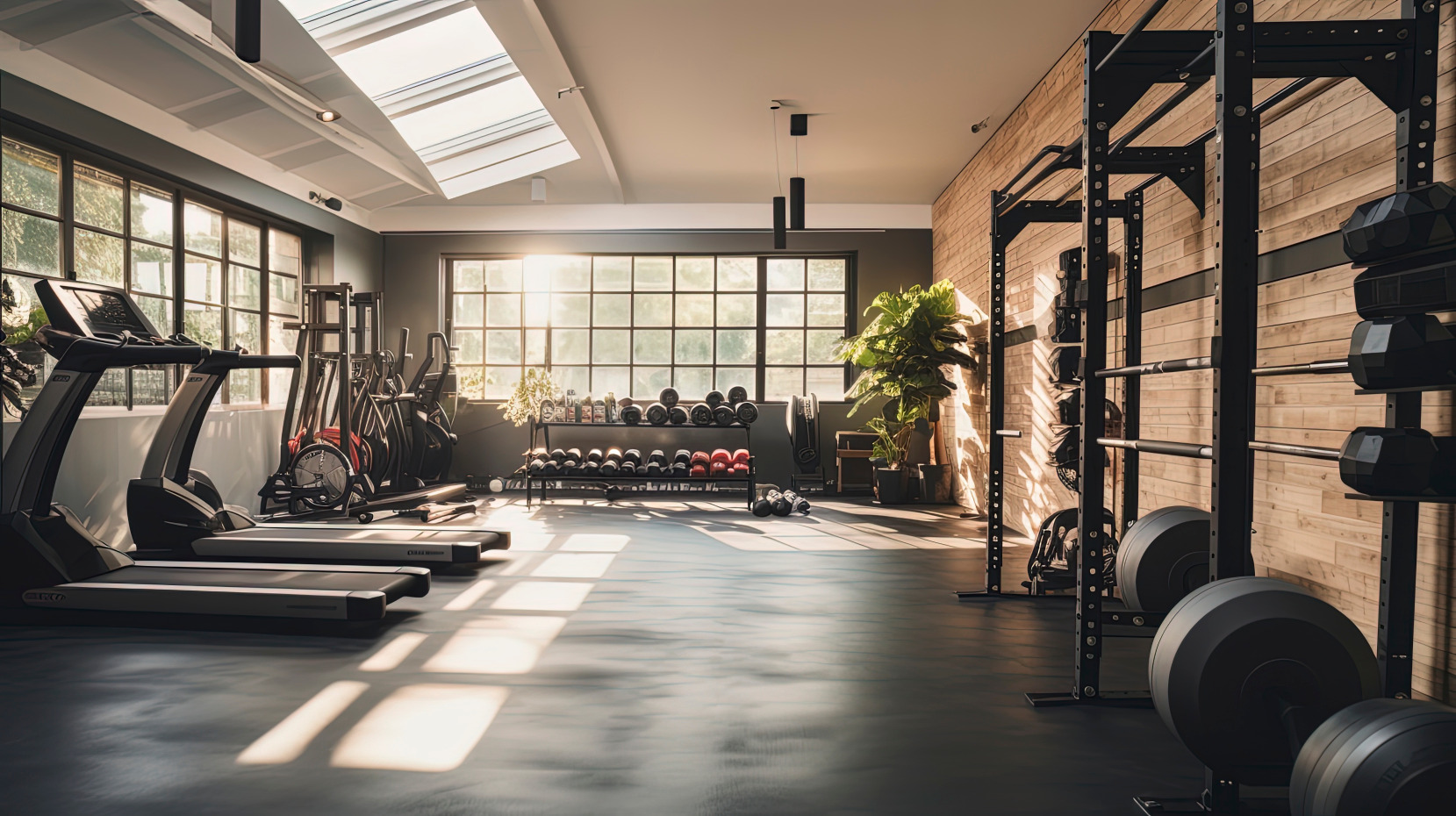 Garage converted into gym with large windows