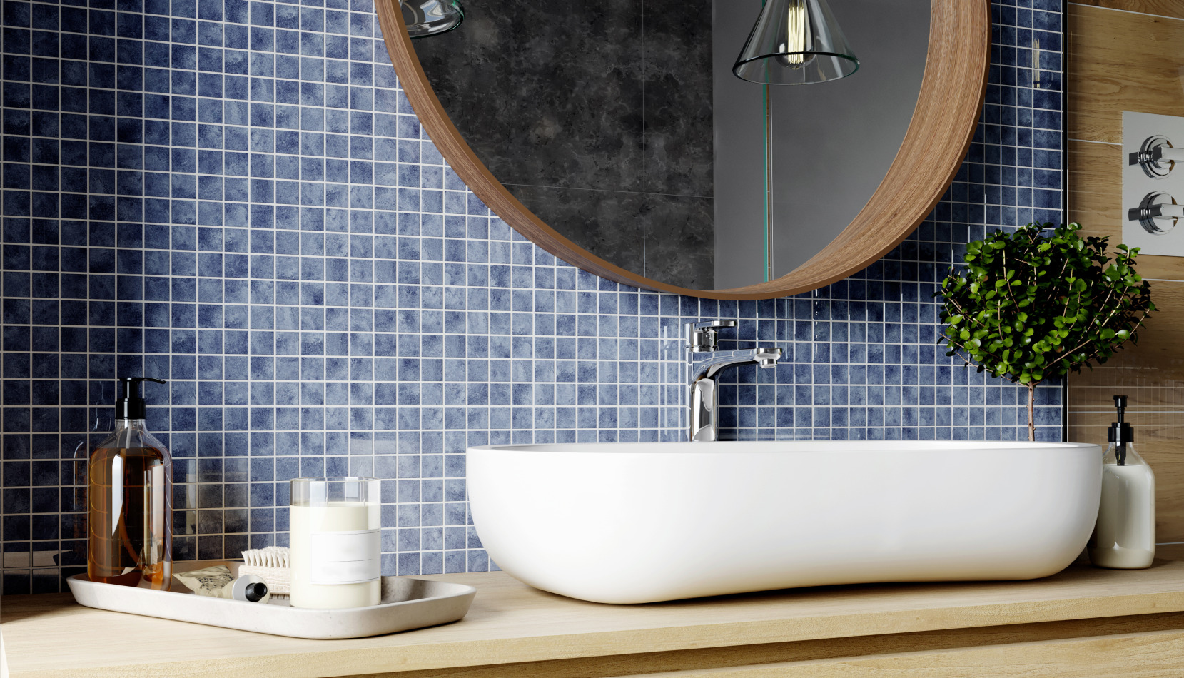 Interior of a modern bathroom with blue tiled walls