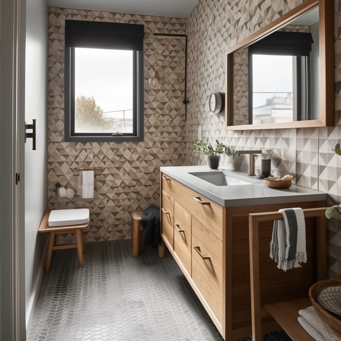 Modern Transitional style Bathroom with a stylish geometric-patterned wallpaper, wooden vanity and window