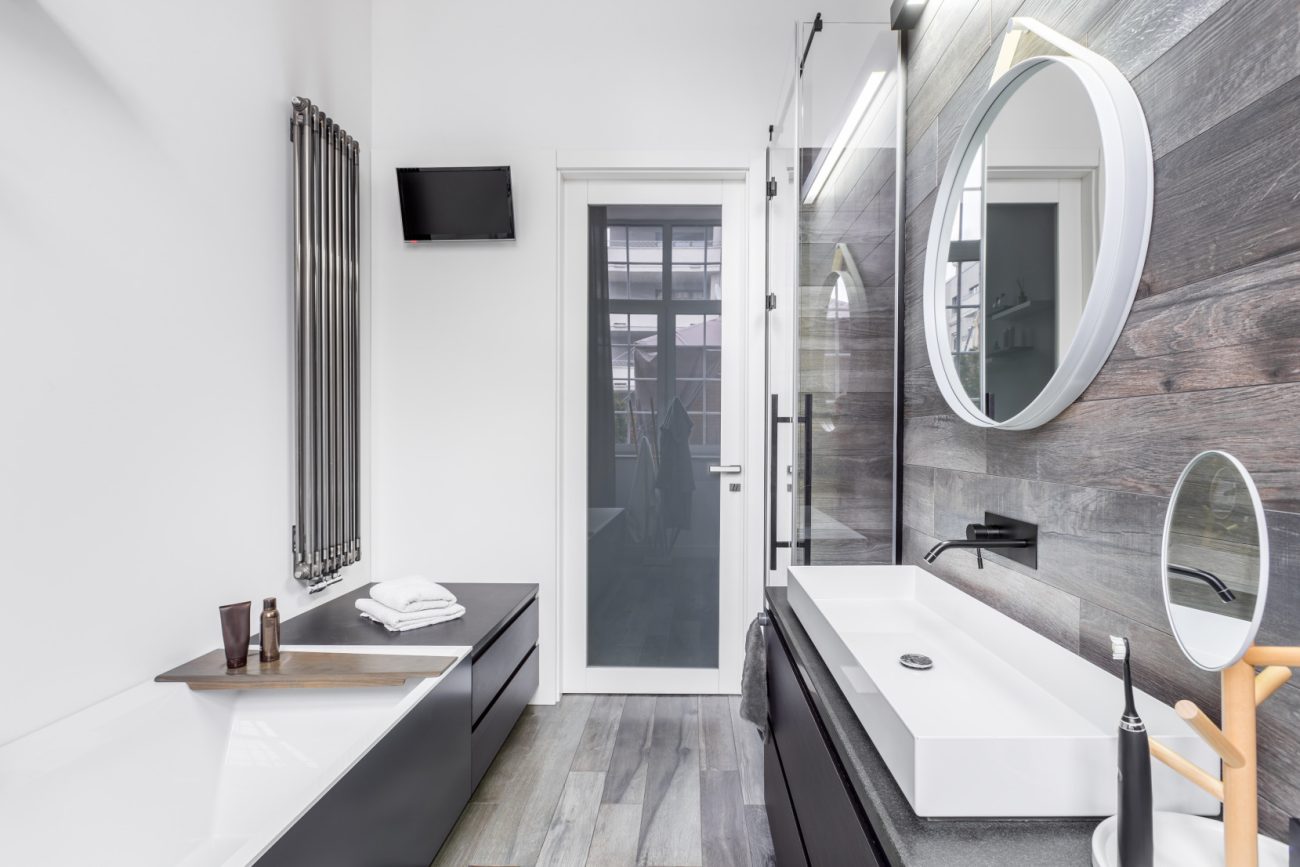 Modern bathroom with wooden grey laminate sheet