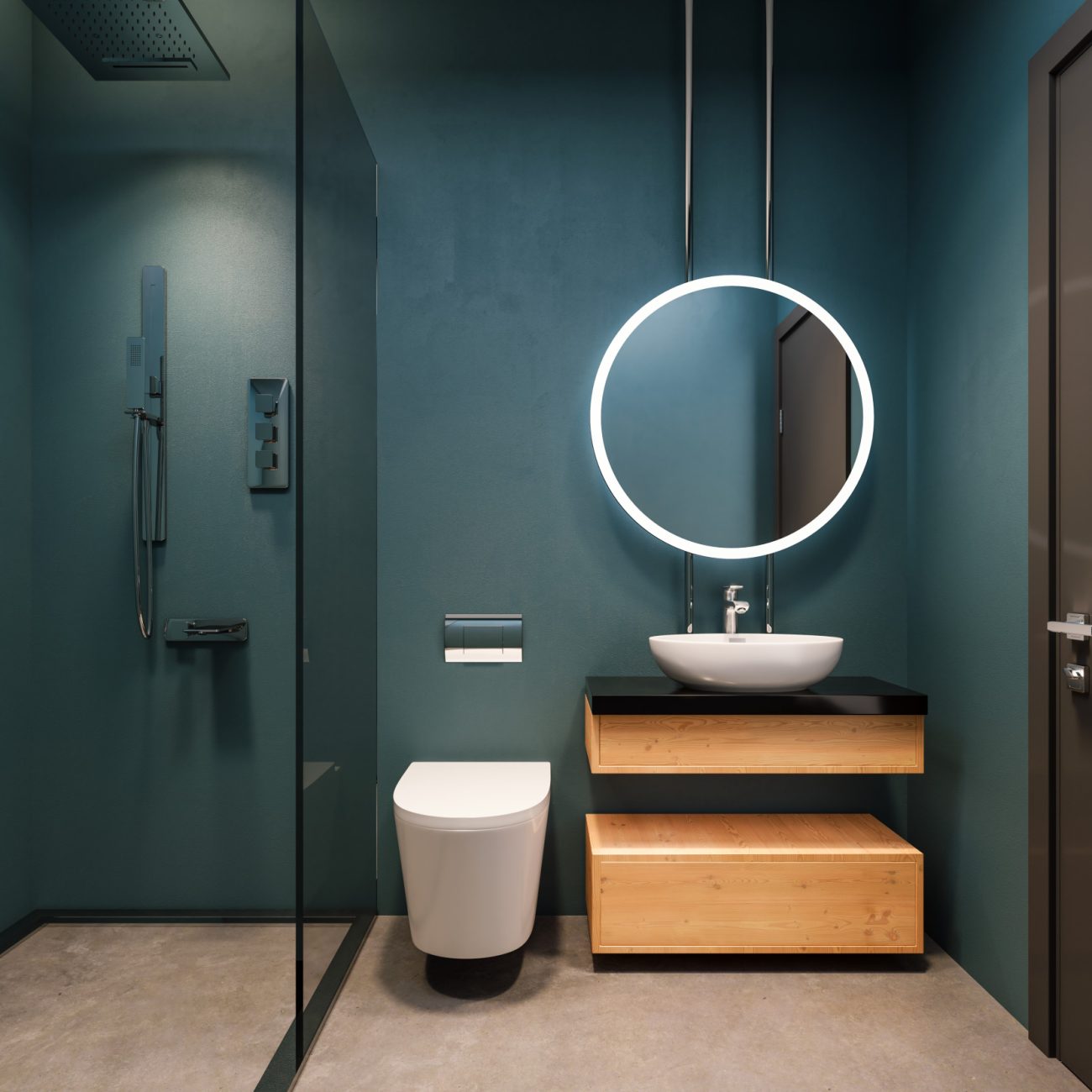 Modern interior design with aegean blue walls, resin backsplash and led vanity mirror