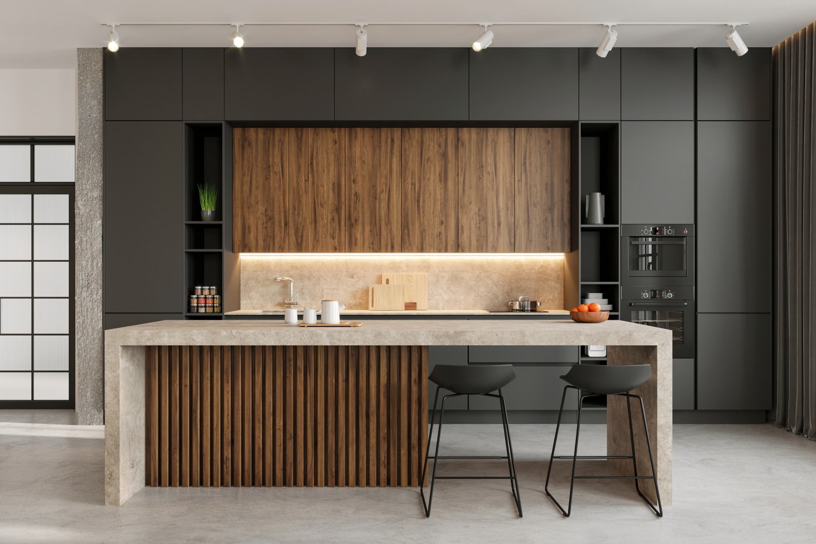 Modern loft kitchen with large kitchen island and bar chairs