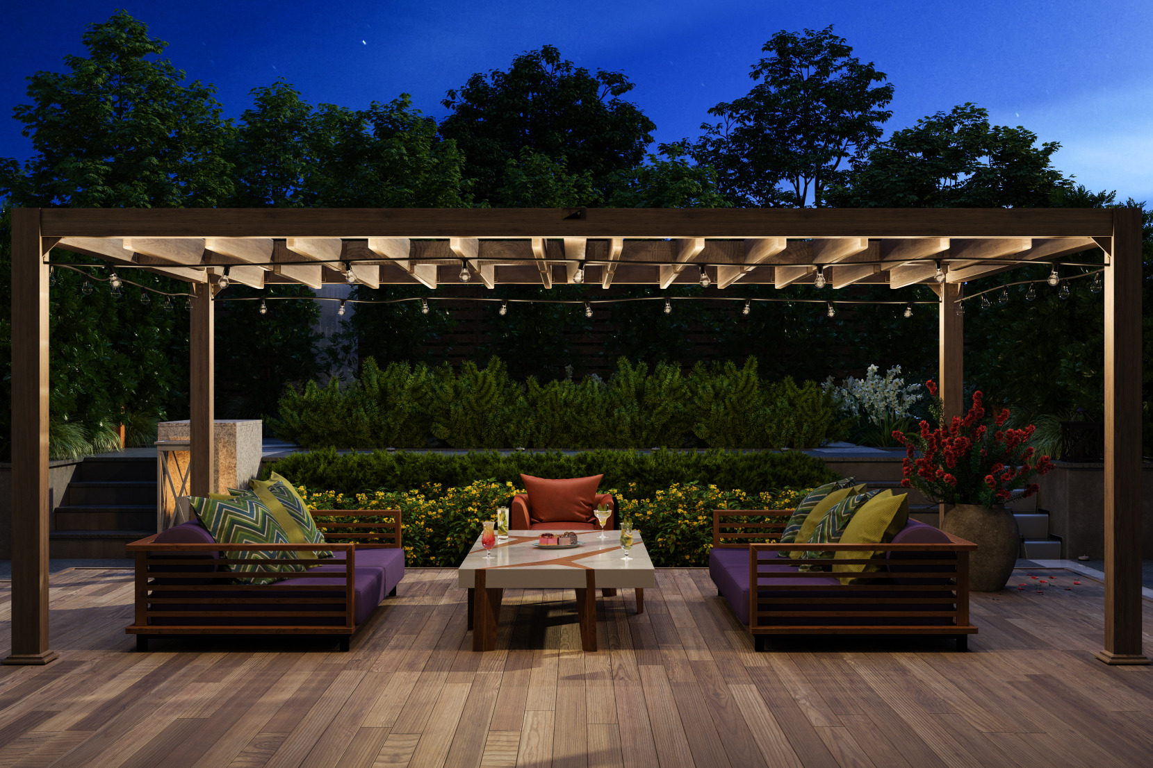 Terrasse moderne avec des canapés et une table basse créant l’espace de détente idéal après la construction de votre maison.