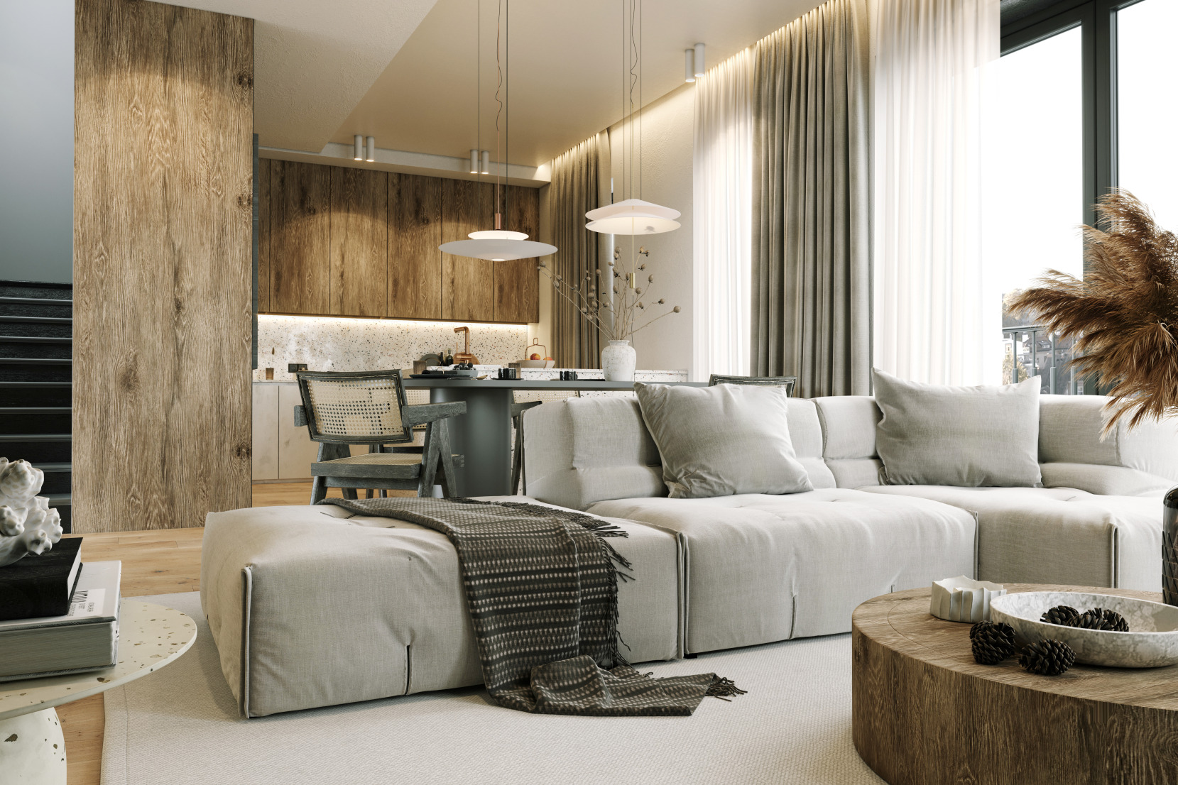 Un salon moderne avec des accents de bois et des couleurs neutres peut illuminer un espace lorsque vous construisez votre propre maison.