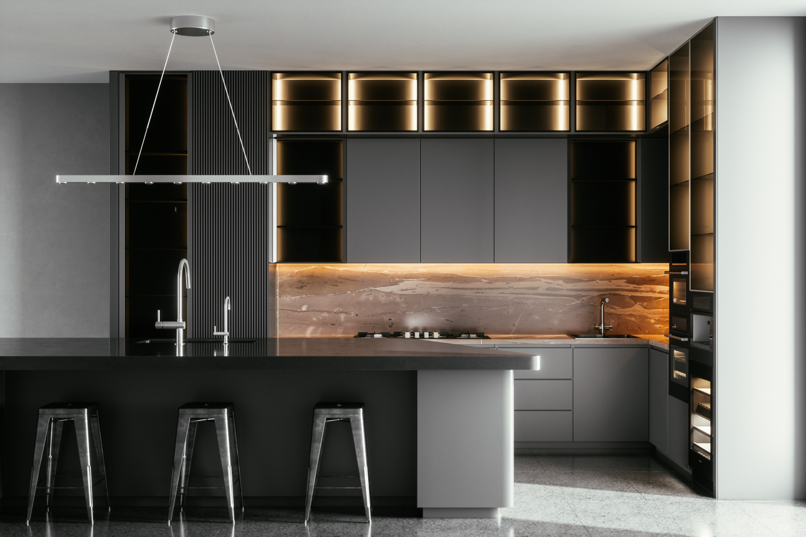 Intérieur de cuisine moderne noir/gris avec système de lumières intégré