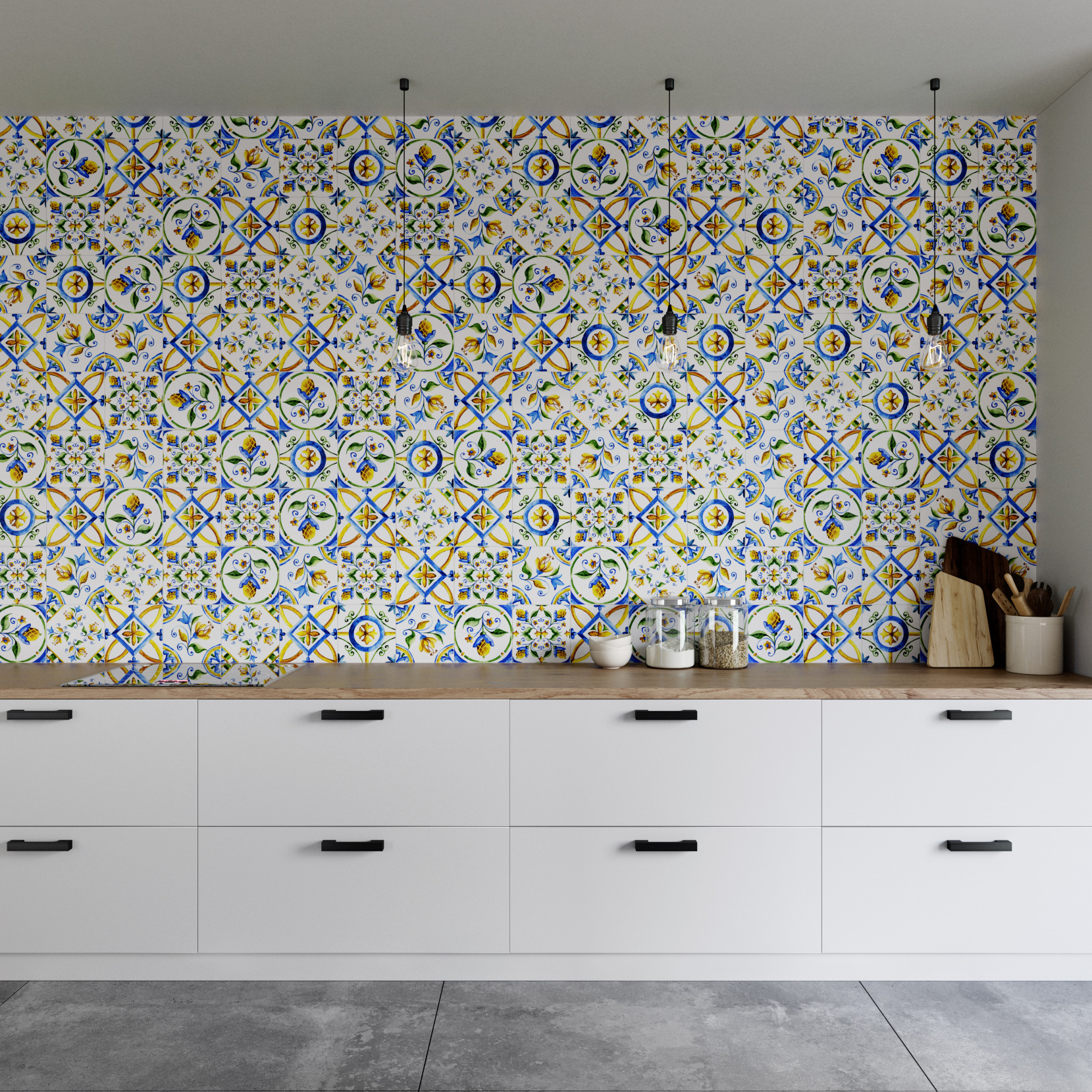 Modern kitchen interior with ceramic mosaic backsplash