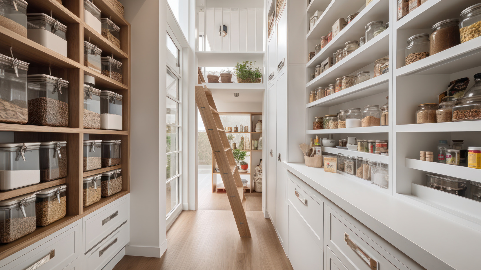Pantry and storage shelves for food and kitchen items