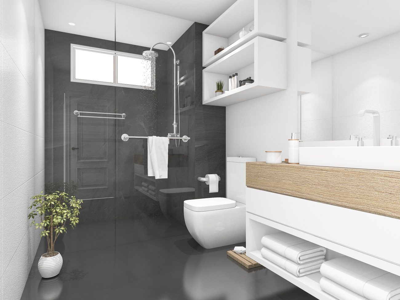 Barres de douche dans une salle de bain blanche et noire