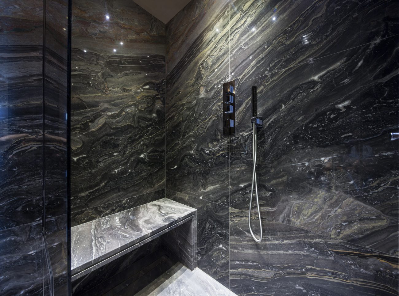 Black-veined marble shower bench