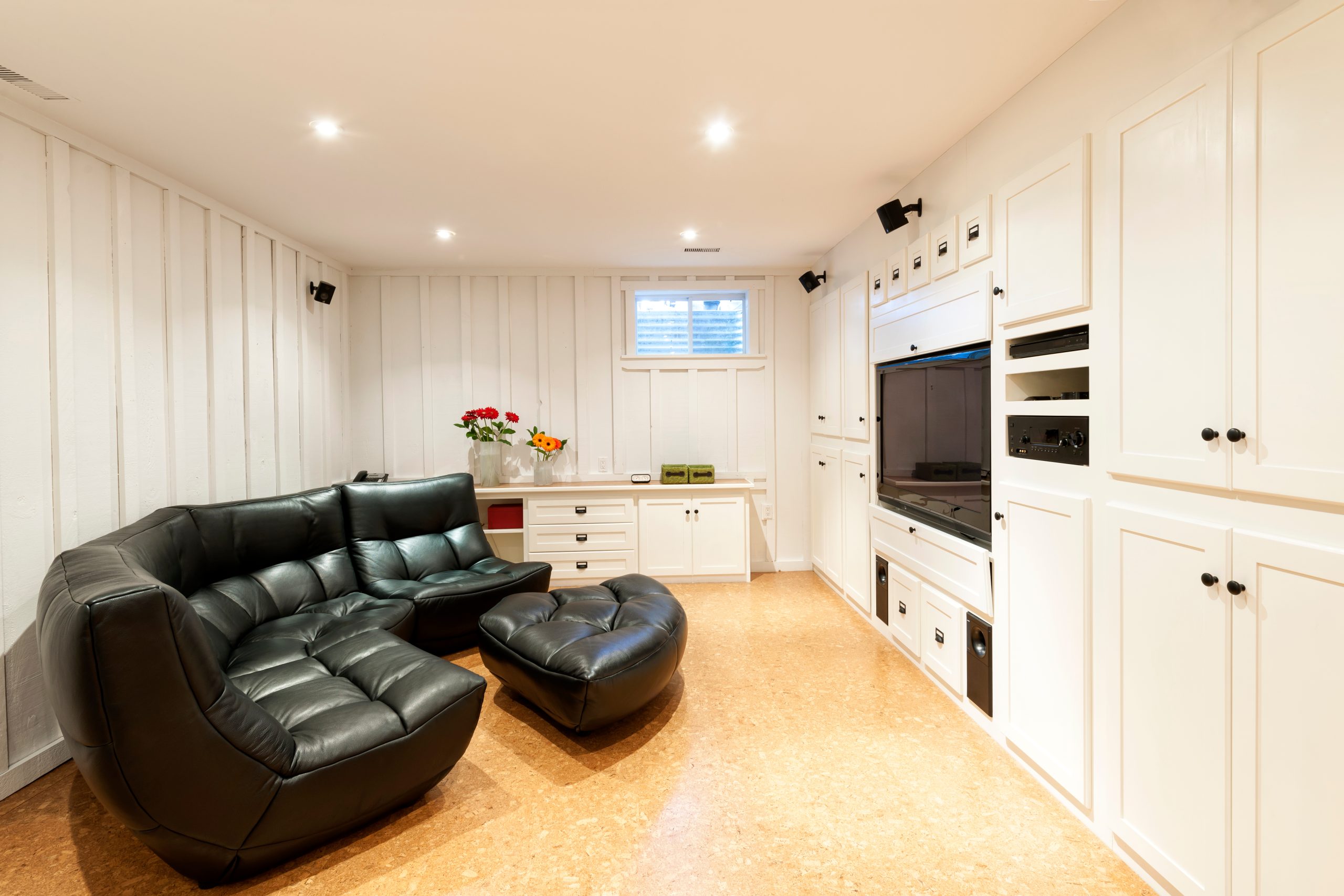 Basement living room with cork floor