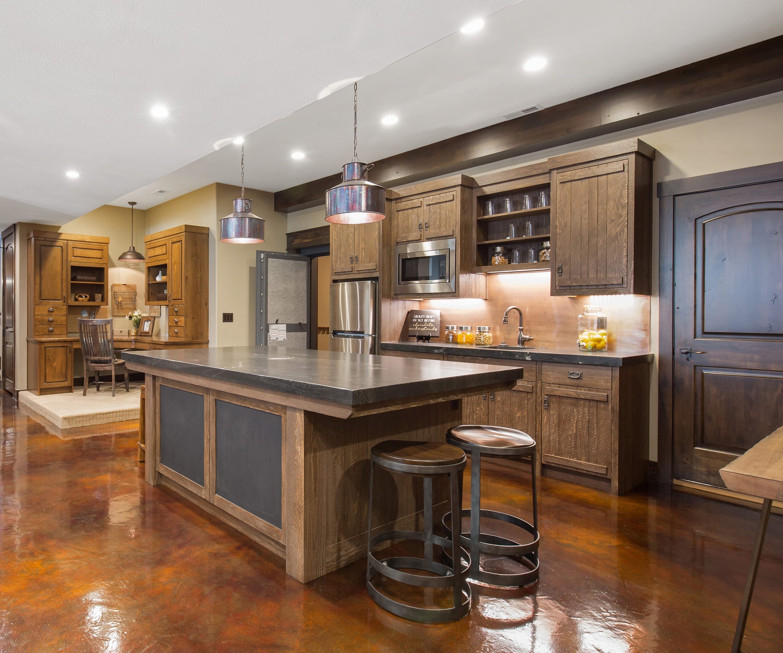 Basement kitchen with epoxy floor