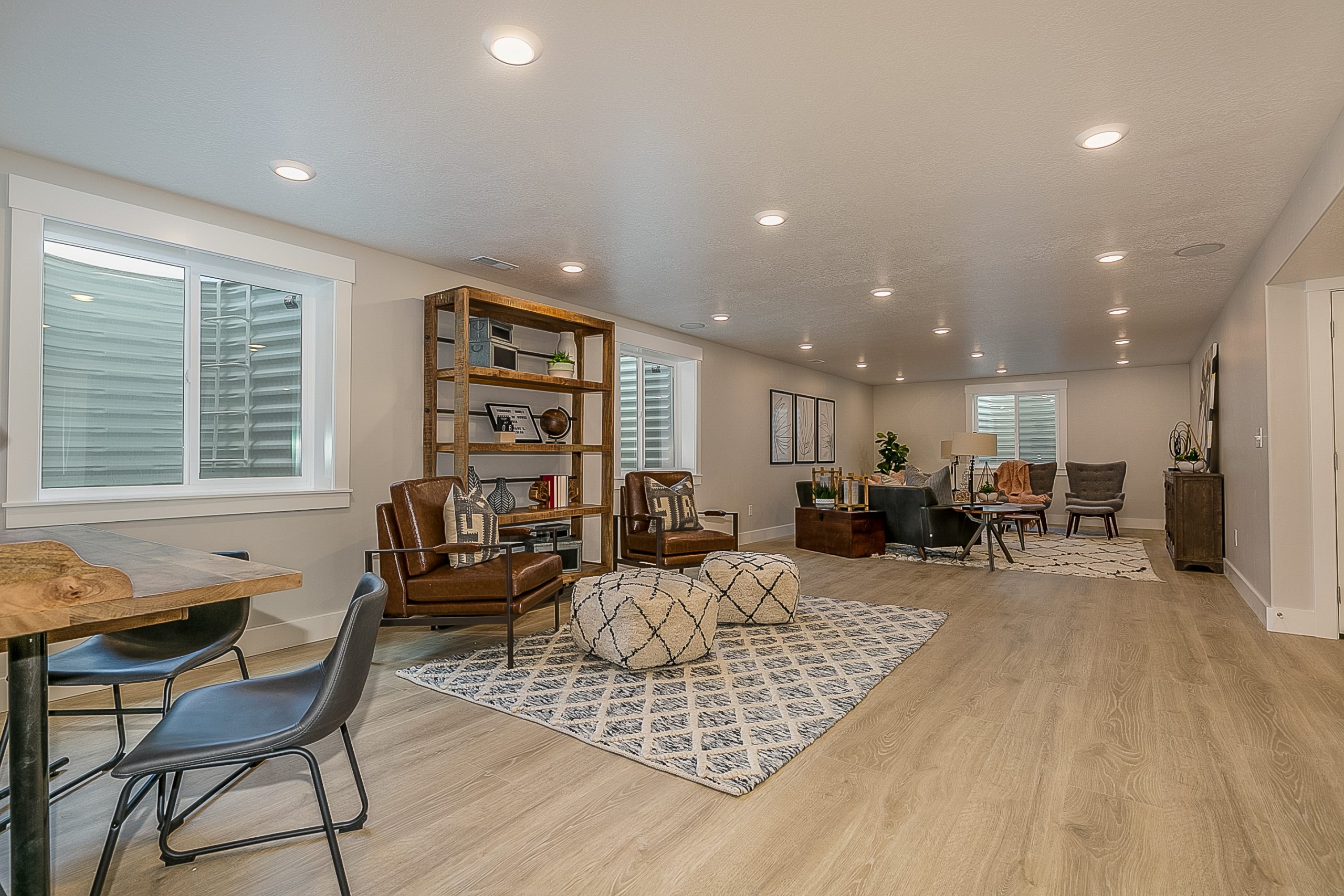 Basement living room with vinyl flooring