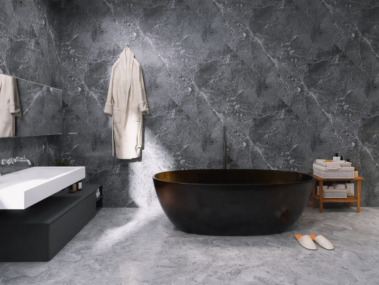 Salle de bain luxueuse, grand carrelage gris avec veines sur les murs