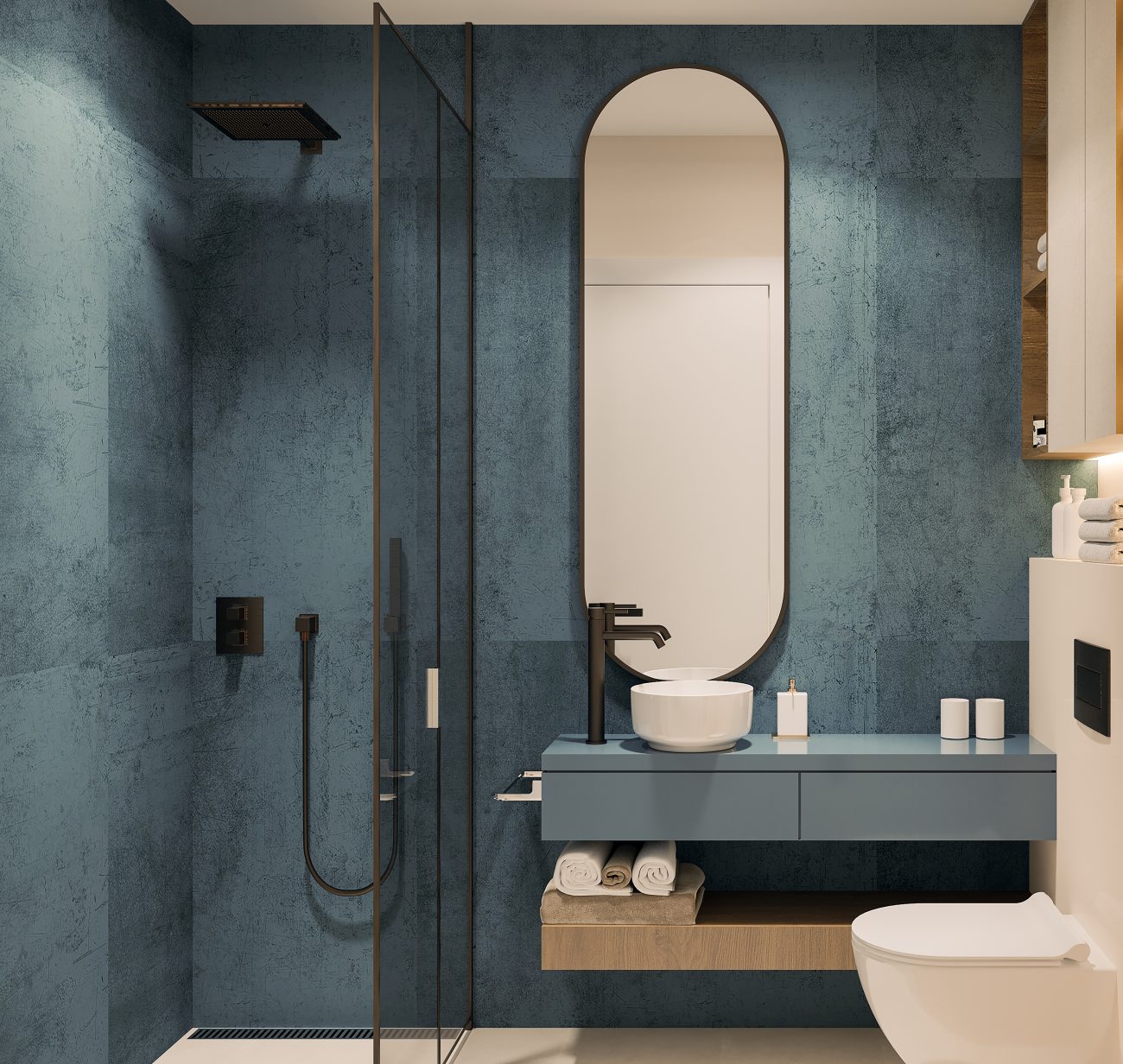 Salle de bain avec rangement discret intégré dans un meuble vanité