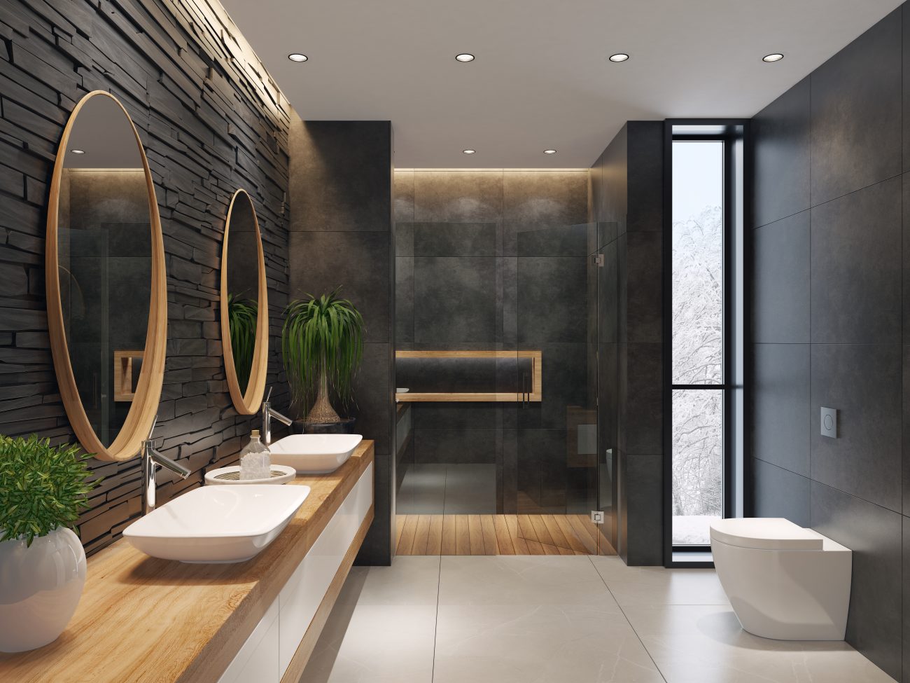 Salle de bain contemporaine avec miroirs ronds, mur en pierre noire mate, carreaux de sol pâles et éclairage encastré