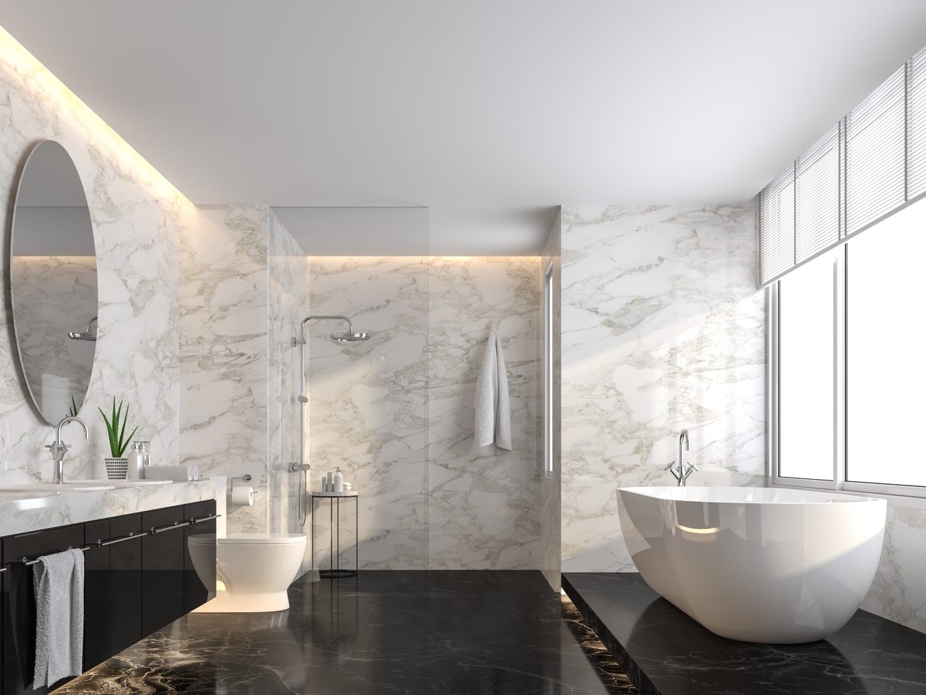 Salle de bain de luxe avec sol en marbre noir et carrelage de grand format en marbre blanc sur les murs
